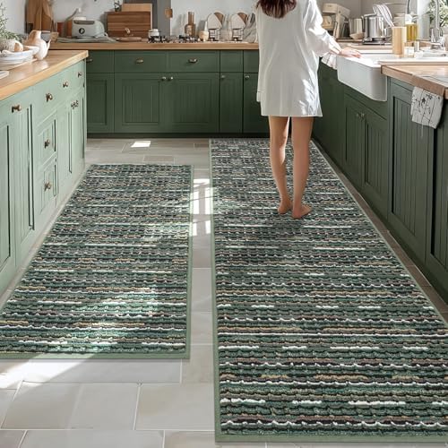 BSICPRO Kitchen Rugs Sets of 2, Non Slip Kitchen Mats for Floor, Green by BSICPRO