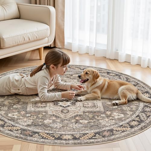 cotiled 5ft Round Living Room Area Rug, Washable, Traditional, Brown - Image 7