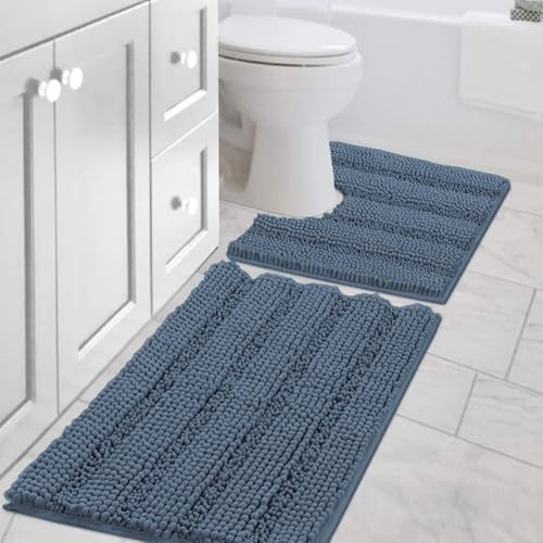 H.VERSAILTEX Bathroom Rug Sets 2 Piece Bath Mats Non Slip Thick Soft Chenille Striped Bath Rug achine Washable Shower Floor Rugs for Tub, Shower and Floor (Blue Indigo, 20"x32" Plus 20"x20" U) by HVERSAILTEX