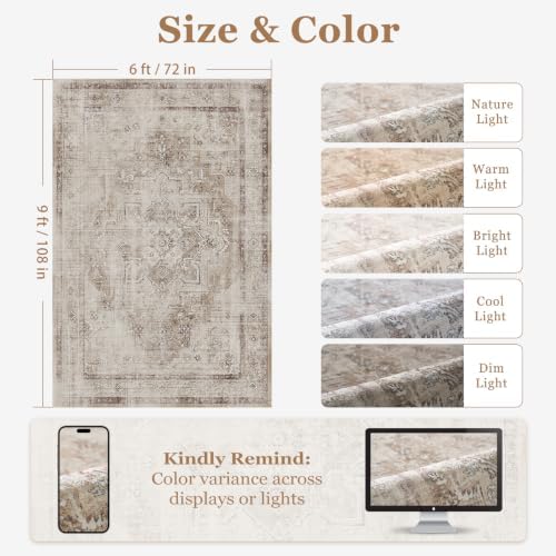 Neutral Oatmeal Living Room Rug 6x9, Washable Non Slip Rug for Dining Room, Low Pile Thin Modern Farmhouse Carpet Rugs for Den Bedrom Home Office, Vintage Distressed Medallion - Image 2