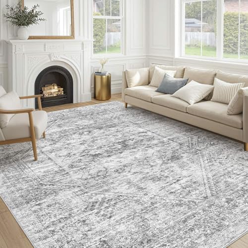9x12 Area Rug for Living Room, Washable, Traditional, Distressed Grey by COTILED