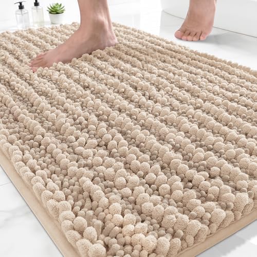 Yimobra Bathroom Rugs Non Slip Washable - Ultra Soft Absorbent Chenille Bath Mat, Quick Dry Shaggy Floor Carpet for Tub Shower, Light Brown Home Decor Accessories, 24x17 Inch by Yimobra