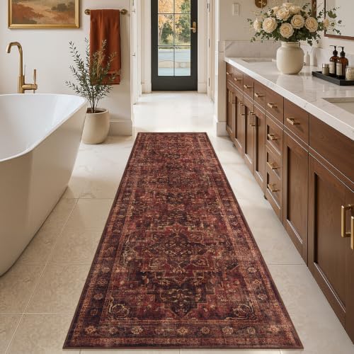 Washable Hallway Runner Rug 2'x7', Vintage Medallion, Dark Red - Image 3