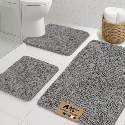 GORILLA GRIP Area Rug Sets and Oval Toilet Base, 3 Piece Gray by GorillaGrip
