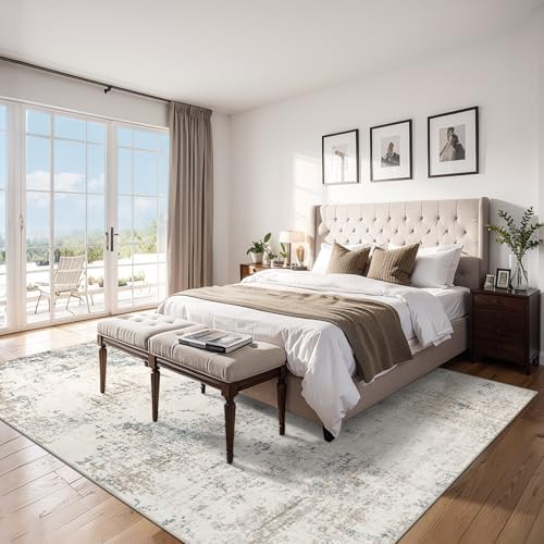Area Rug Living Room: 4x6 Modern Abstract Washable Carpet Beige - Image 2