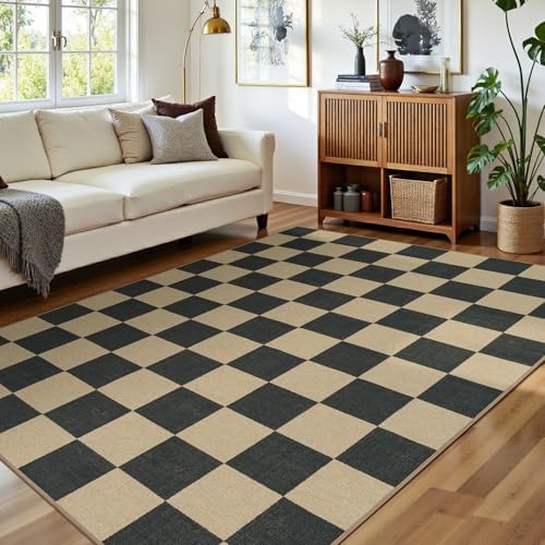 Lessymo Living Room Rugs 5x7 Checkered Washable Easy Jute Outdoor Patio Rug - Image 3