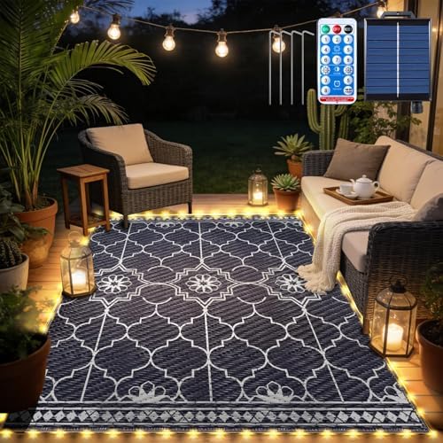 6x9Ft Outdoor Rug, Solar Powered Outdoor Rug with 94LEDs Strip Lights for House Deck, Waterproof Plastic Reversible Outdoor Straw Rugs, Rugs Mat RV Camping Patio Beach Balcony Picnic (Blue White) by Capybland