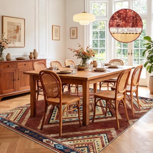 Boho Washable Rugs 5x7ft for Living Room, Vintage Red Soft Bedroom Kids Nursery Area Rugs Non Slip, Moroccan Thin Dining Room Area Floor Carpets for Playroom Kitchen Home Office Decor - Image 4