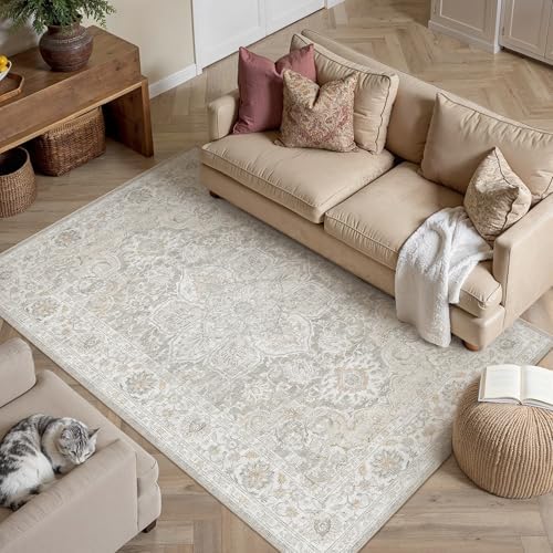 HUGEAR Grey Beige 4x6 Washable Area Rugs Vintage Indoor Carpet by HUGEAR