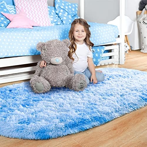 Noahas Oval Fluffy Blue Rainbow Rug 2.6X5.3 Small Kids Rugs for Bedroom Girls And Boys Aesthetic,Bedside Bedroom Rug,Ultra Soft Runner Carpet Modern Shaggy Nursery Area Rugs Home D飯r - Image 2
