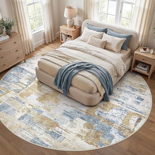 kakania Abstract 12x12 Round Rugs for Living Room: Circle Rugs 12FT Blue Gold - Image 3