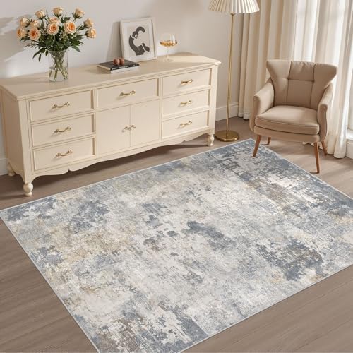 UERMEI 4x6 Area Rug Living Room Rugs - Washable Neutral Modern Abstract Soft Thin Rug Indoor Floor No Slip Rug Carpet for Bedroom Under Dining Table Home Office Decor - Blue Grey by UERMEI
