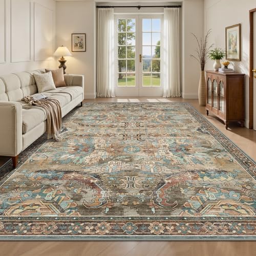 5x7 Area Rugs, Vintage Retro Soft Washable Rug, Non-Slip Low Pile Rugs for Living Room, Bedroom, Dining Room, Stain Resistant Home Decor Rug (Vintage Olive Green) by Yarooge
