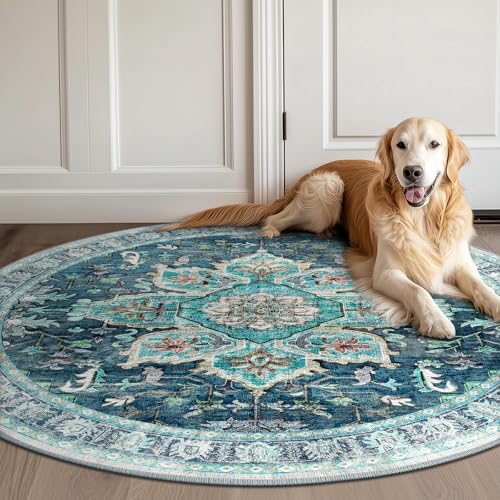 BESTSWEETIE Washable Boho Round 6ft Area Rug, Living Room, Teal Dark Green - Image 5