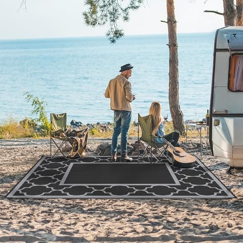 GENIMO Outdoor Rug, Waterproof Plastic Rugs for Patio, 5'x8' Black Grey - Image 4