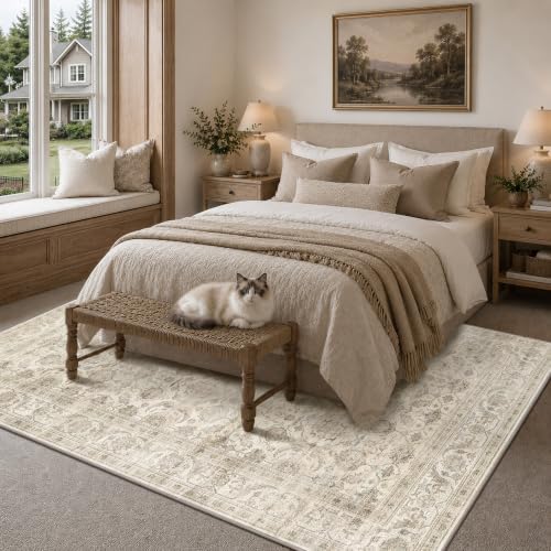 JOOJA 5x8 Beige Neutral Vintage Washable Area Rug, Low Pile Living Room Rug by JOOJA