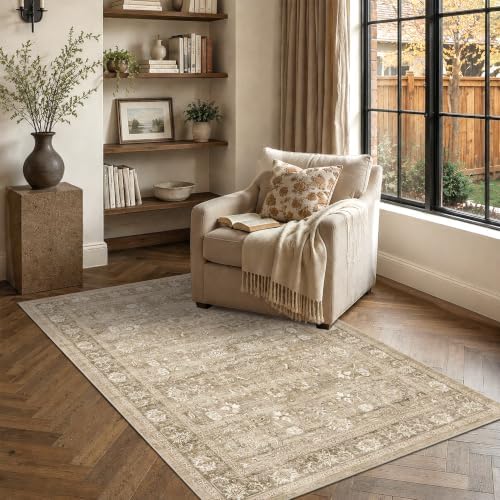 3x5 Washable Entryway Area Rug Non-Slip Vintage Khaki Throw Carpet - Image 4
