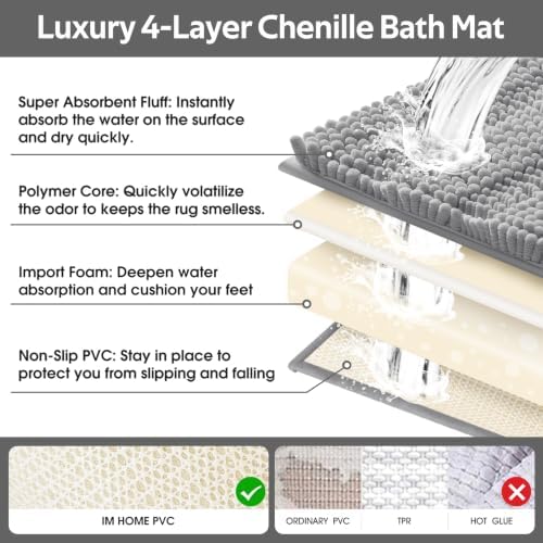 ACCUMTEK Striped Light Grey Bathroom Rug Set 3 Pieces Gray Ultra Soft, Non Slip Chenille Toilet Mat, Absorbent Plush Shaggy Bath Mats for Bathroom, Bedroom, Kitchen - Image 5