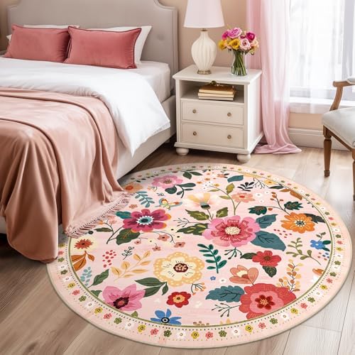 RELEANY Floral Washable Round 4ft Area Rug Pink - Image 6