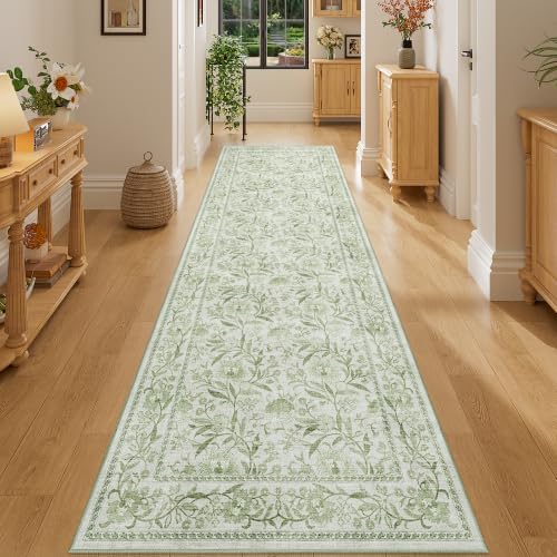DUKINO 2.6x8 Runner Rug, Washable Vintage Floral Kitchen Runners Sage Green by DUKINO