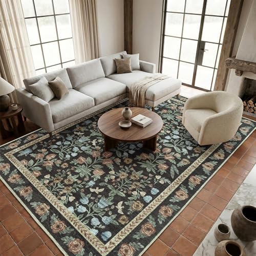 SparkleGaze Gold Black Floral Living Room Rug 5x7 Area Rug - Vintage Forest Washable Rug for Dining Room, Bedroom, Ultra Soft Low Pile Non Slip Stain Resistance Distressed Boho Farmhouse Flower Carpet - Image 7