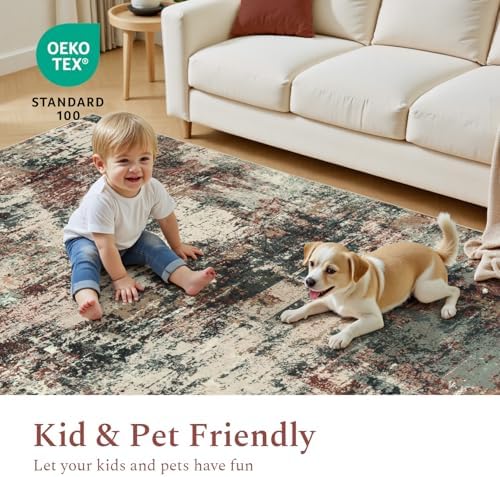 Rugflix 9x12 Area Rugs for Living Room, Washable Rust Brown Green Large Rug - Image 5