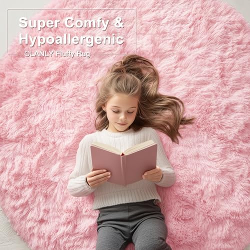 OLANLY Pink Round Rugs for Bedroom - Machine Washable, 2 ft Circle Area Rugs for Living Room, Soft and Fluffy Shaggy Carpet for Teen Girls and Boys, Nursery Rooms, Dorms, Home Decor Aesthetic - Image 6