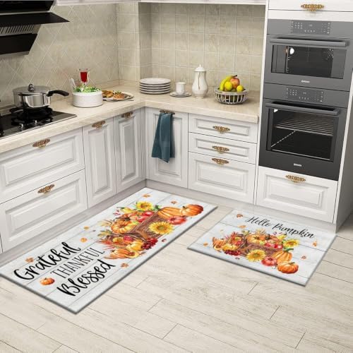 Fall Kitchen Rugs Set of 2,Fall Entrance Door Mats Wood Grain Pumpkin Non Slip Kitchen Rug,Washable Anti Fatigue Mat,Kitchen Floor Washable Runner Rug,Autumn Thanksgiving Kitchen Laundry 17x30+17x47In - Image 5