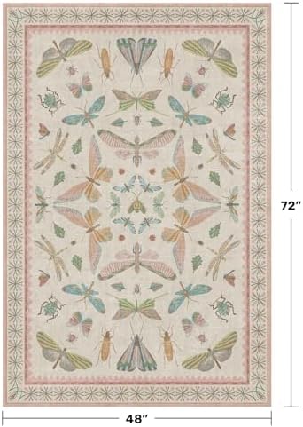 Hazo Haus Neutral Girl Nursery Rug 4x6 - Beige & Pink Rugs for Bedroom, Living Room - Washable Low Pile Non-Slip Charming Insect Print Vintage Girly Design, Perfect for Kids Rooms - Image 2