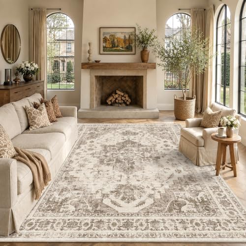 7x10 Washable Living Room Area Rug Soft Medallion Taupe Large Carpet by HOME