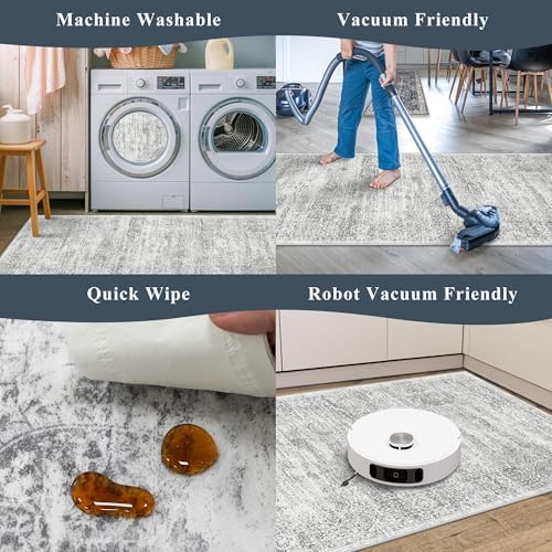 Kitchen Mats for Floor 2 Piece, Non Slip Washable Kitchen Rugs Sets for Floor, Soft Low Pile Kitchen Area Rug for Kitchen Sink Laundry Entryway (Grey Ivory, 2x3+2x4) - Image 7