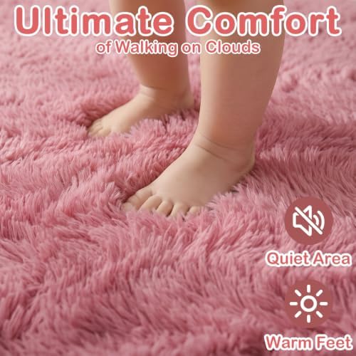 Blush Pink Fluffy Shag Area Rugs for Bedroom Girls 5x7, Soft Shaggy Carpets - Image 3