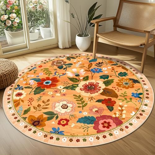 RELEANY Floral Washable Round 4ft Area Rug Orange/Yellow/Red - Image 3