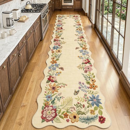 FMFUNCTEX 3x12 Hallway Runner Rug Washable Beige Floral Vintage Scalloped - Image 3
