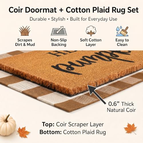 Fall Decor Door Mat Combo Set, 100% Coco Coir Welcome Mat + 28 x 43 Inches Coffee and White Plaid Rug - Fall Thanksgiving Front Porch Entryway Floor Doormat, Indoor Outdoors Autumn Mats Hello Pumpkin - Image 4
