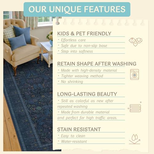 Navy Blue 6x8 Washable Area Rug for Living Room, Low Pile Soft Non Slip Rugs for Dining Room Bedroom, Vintage Floral Carpet - Image 6