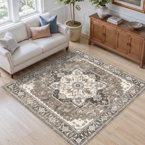 5x5 Square Rug for Living Room: Washable Vintage Non-Slip Area Rugs for Kitchen Entryway Low Pile Soft Thin Carpet for Bedroom Stain Resistant Easy-Clean Home Decor Gifts for Housewarming(Beige,5x5) - Image 2