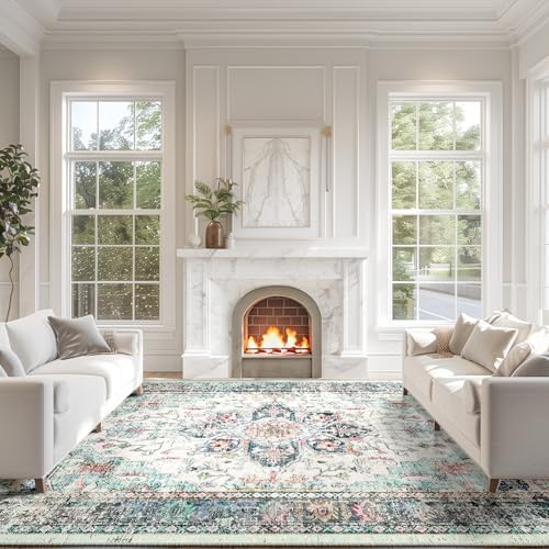 BESTSWEETIE Washable Boho 9x12 Area Rug for Living Room, Multi Navy Teal - Image 2