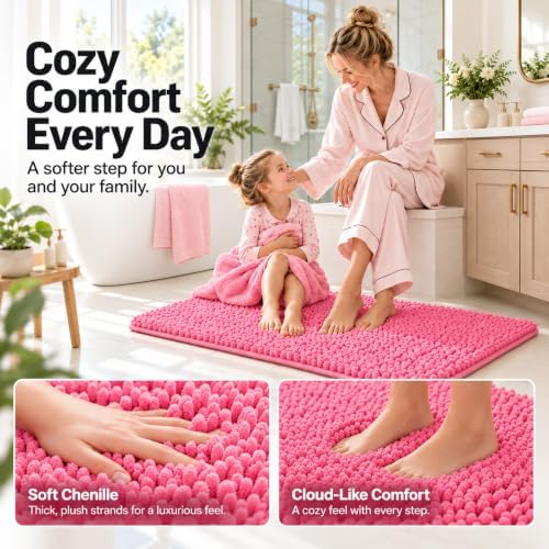 Pink Bathroom Rugs Chenille Bath Mat Set 2-Piece Bath Rugs for Bathroom Extra Soft Bath Mats for Bathoom Non Slip Absorbent Shag Bathoom Carpet - Image 4