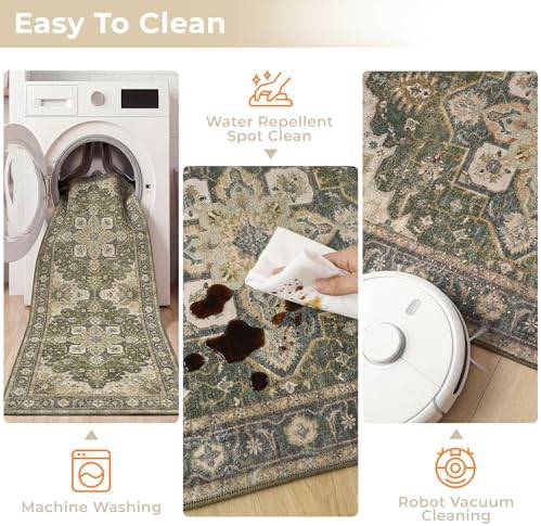 3 Piece Kitchen Rugs Sets with Runner, Washable Non Slip Soft Boho Kitchen Mats, Low Pile Stain Resistant Carpet for Hallway, Laundry Room, Entryway, Home Decor (20"x32"+20"x48"+20"x59", Olive Green) - Image 3