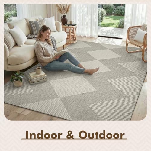 MontVoo-Outdoor Rug Carpet Patio Rug 5x7 ft Polypropylene Indoor Outdoor Rugs for Patio Deck Balcony Porch, Textured Weave, Durable for High Traffic, Fade-Resistant, Boho Geometric Silver Grey - Image 3