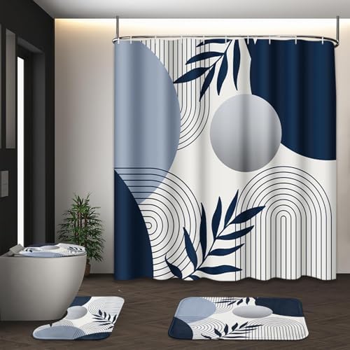 Bathroom Sets with Shower Curtain and Rugs, Set of 4, Boho Leaf by Tayney