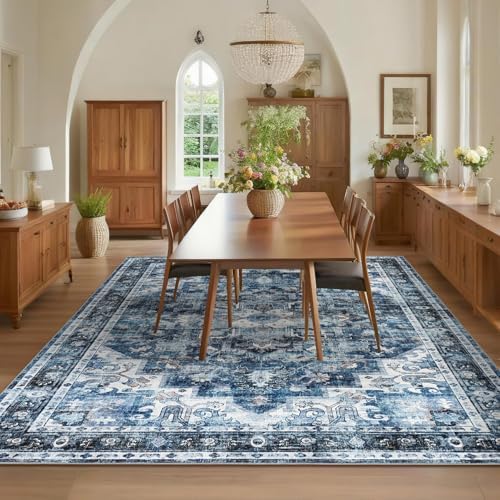 GarveeHome 9x12 Washable Rugs for Living Room Vintage Area Rug Blue - Image 4