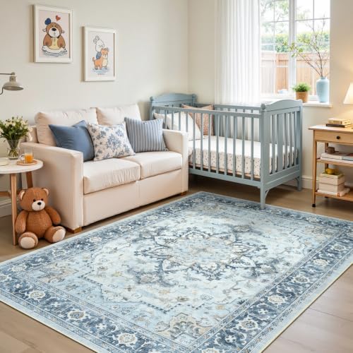 5x7 Light Blue Area Rugs for Living Room, Vintage Washable Rug - Image 2