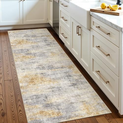 2x5 Runner Rug Washable Abstract: Non Slip Kitchen Floor Mat Grey/Yellow by Ksrau