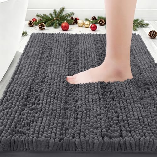 ACCUMTEK Striped Grey Bathroom Rug Mat 32"x20" Ultra Soft, Non Slip Chenille Bath Rugs, Absorbent Plush Shaggy Bath Mats for Bathroom, Bedroom, Kitchen, Shower, Tub,Deep Grey by ACCUMTEK