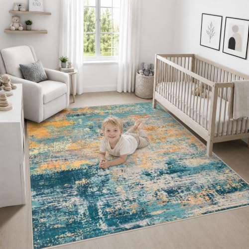 Area Rug Living Room: 4x4 Modern Washable Soft Carpet Rosy Haze - Image 5