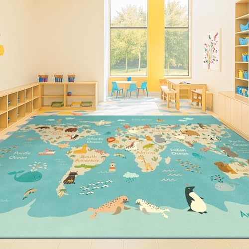 Huge Kids Rugs for Playroom Décor - 9x12 Boho Pastel Classroom Décor for Children, Washable Ultra Soft World Map Carpet with Blue Ocean, Continents & Cute Animals by HazoHaus