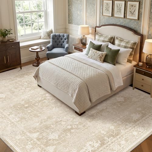 Neutral 8x10 Beige Area Rugs for Bedroom, Living Room, Cottagecore Boho Abstract Distressed Washable Ivory and Champagne Rug for Dining Room, Stain Resistant Low Pile Anti-Slip Ultra Soft - Image 6
