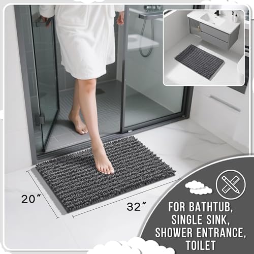 Yimobra Bathroom Rugs Non Slip Washable 32x20 Inch - Ultra Soft Absorbent Chenille Bath Mat, Quick Dry Shaggy Floor Carpet for Tub Shower, Dark Gray Home Decor Accessories - Image 2